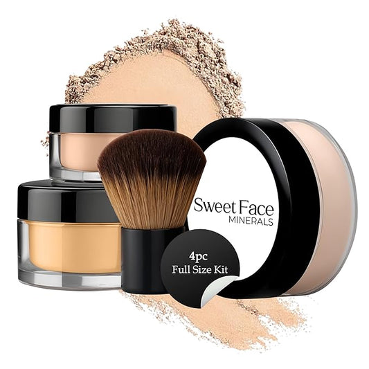 4pc Full Size Kit (BEIGE SHADE) Mineral Makeup Matte Translucent Loose Foundation + Kabuki Brush + Concealer + Finishing Setting Powder + Bare Face Full Coverage SPF 30 All Skin Types Waterproof