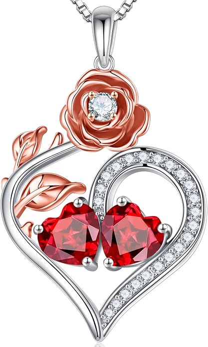 Iefil Rose Heart Birthstone Necklaces for Women - 925 Sterling Silver Double Birthstone Necklace, Anniversary Birthday Gifts for Women, Jewelry Gifts for Wife Her