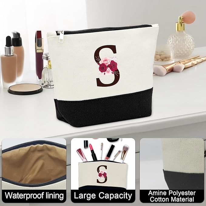 Birthday Gifts for Women,Initial Canvas Tote Bag,Initial Gift for Women,16oz Initial Glass Cup,Initial Makeup Bag with Zipper,Jewelry Organizer Box,Personalized Gifts for Mom-S