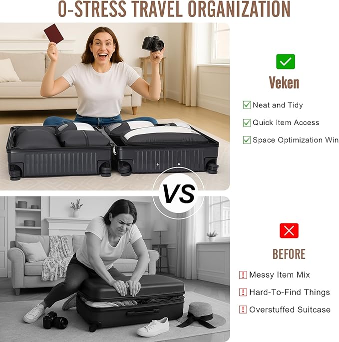 Veken 10 Set/8 Set Packing Cubes for Travel Essentials, Suitcase Organizer Bags in 4 Sizes, Carry-On Luggage Accessories with Large Laundry & Toiletry Bag, Must-Have for Airplane, Road Trip & Camping