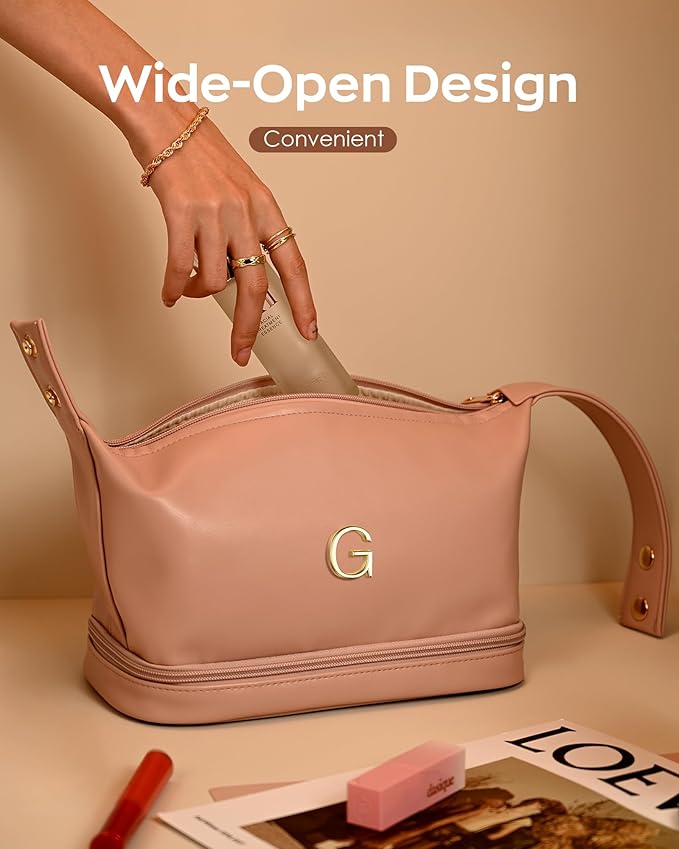 Teacher Appreciation Gifts, Personalized Makeup Bag with Handle, Initial Double Layer Cosmetic Bag with Makeup Brush Organizer, PU Leather Travel Toiletry Bag, Gifts for Friends Female Mom