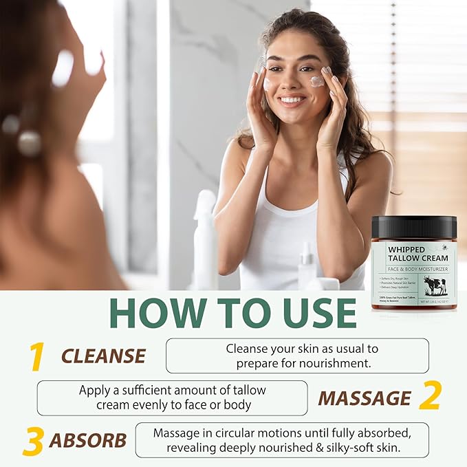 Beef Tallow for Skin, Tallow and Honey Balm, Organic Grass Fed Whipped Beef Tallow with Honey Beeswax, Deeply Moisturizes Face & Body, Repair Skin, 4.2 Oz