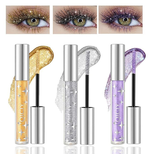 3PCS Glitter Mascara for Eyelashes,Waterproof Long Lasting Silver Gold Purple Color Diamond Sparkly Mascara, Lengthening Volumizing Colorful,Party Wedding Stage Use Halloween Christmas Makeup