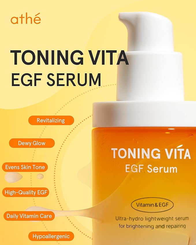 ATHE Toning Vita EGF Serum - Korean Skin Repairing Serum with Vitamin C - Hydrating & Soothing Hypoallergenic Ampoule for Day & Night Use, 1.01 fl.oz.