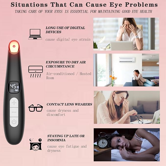 Eye Lift Wand, 3 in 1 Vibrating 98°F to 113°F LCD Eye Massager for Dry Eyes, Dark Circles and Puffiness, Face & Neck Lifting Tool for Fine Lines and Wrinkles, Black
