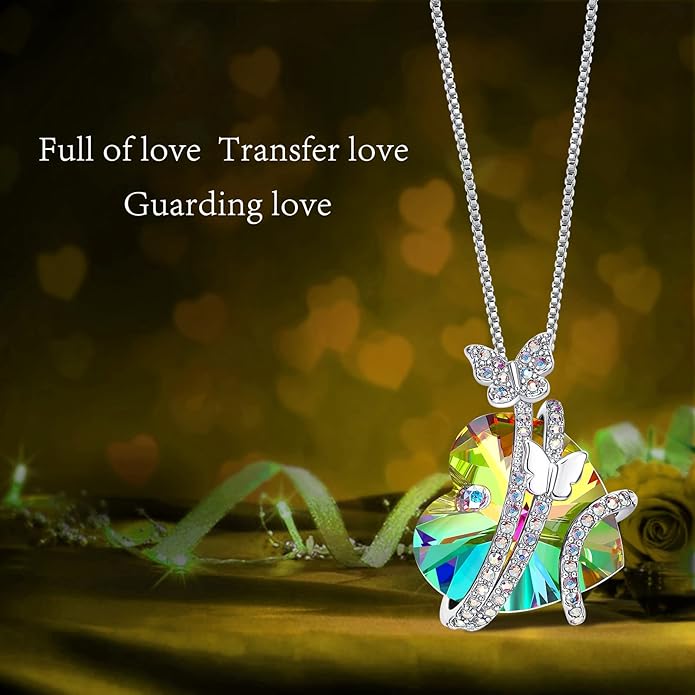 ASELFAD Butterfly Love Heart Pendant Necklace with Crystals, Anniversary Birthday Jewelry for Women Mom Grandma Wife Girlfriend