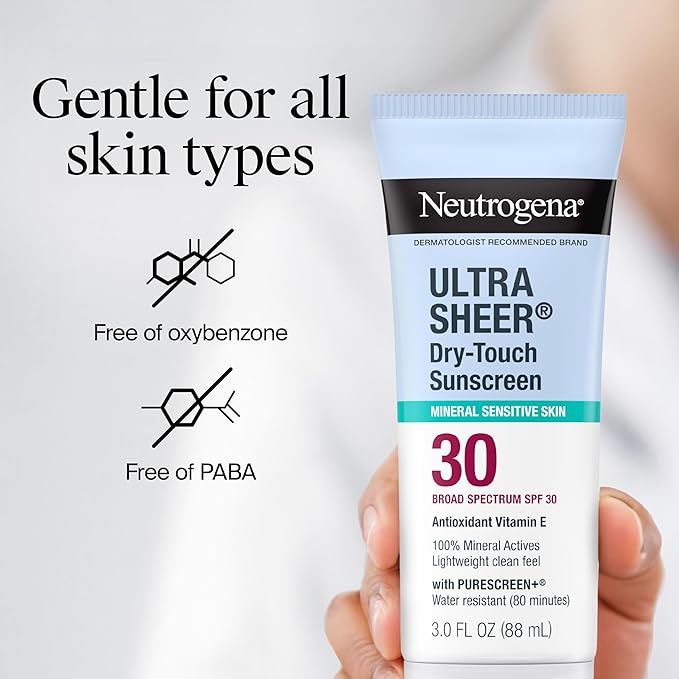 Neutrogena Ultra Sheer Dry-Touch Mineral Sunscreen For Face & Body, SPF 30 Broad-Spectrum UVA/UVB Protection, Titanium Dioxide & Zinc Oxide Sunscreen, Oxybenzone-Free, 3.0 fl. oz