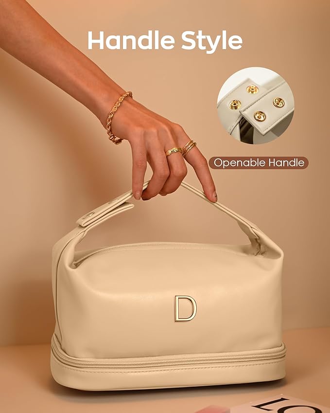 Personalized Makeup Bag with Handle, Initial Double Layer Cosmetic Bag with Makeup Brush Organizer,Gifts for Friends Female Mom