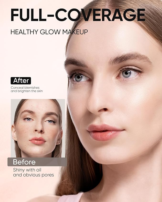 Full Coverage Cushion Foundation, Weightless, Skin Fit, Satin Glow Finish, Oil-Control Waterproof Foundation, Sweatproof Flawless BB Cream CC Korean Makeup