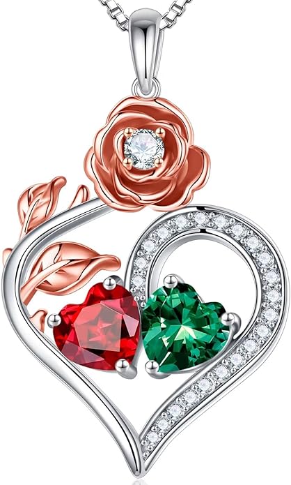 Iefil Rose Heart Birthstone Necklaces for Women - 925 Sterling Silver Double Birthstone Necklace, Anniversary Birthday Gifts for Women, Jewelry Gifts for Wife Her