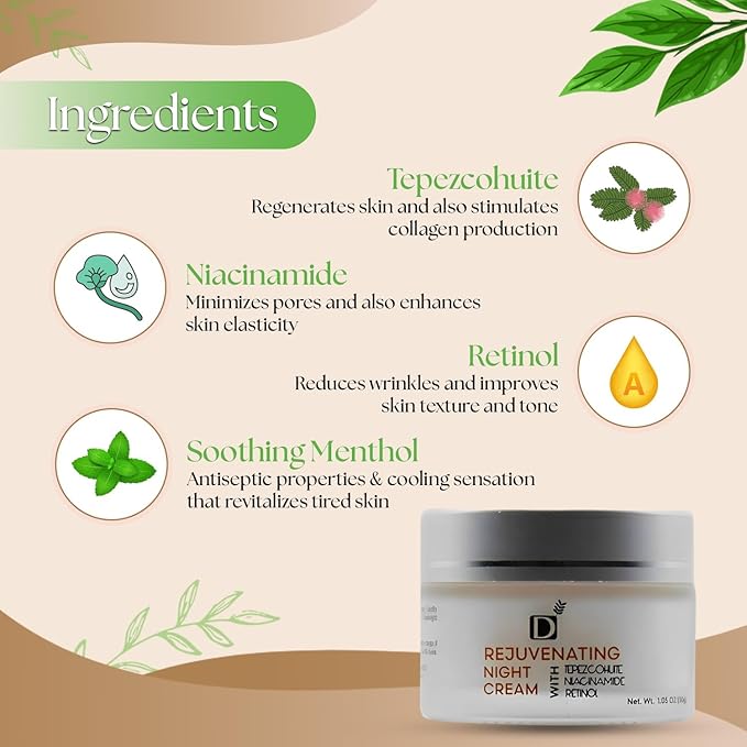 Rejuvenating Facial Night Cream with Retinol, Tepezcohuite, Niacinamide - cruelty-free, vegan, paraben-free silicone-free Mexican Natural skincare ingredients