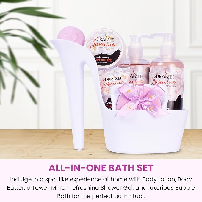 Luxury Spa Gifts for Women – 8 Pc Jasmine Scented Bath and Body Set with Bubble Bath, Lotion & More – Luxury Self Care Kit for Wife, Mom, Girlfriend, Birthday Gifts for Women by Draizee