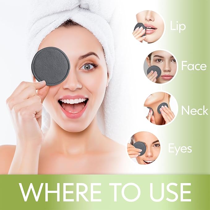 Reusable Cotton Rounds 16Pcs - 100% Natural Bamboo Cotton Pads for Face, Makeup Remover With Laundry Bag and Bamboo Holder (Gray)