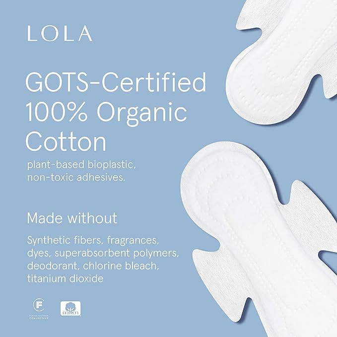 LOLA Non-Toxic Cotton Pads for Women - 36 Count Regular Absorbency Ultra Thin Menstrual Pads with Wings, HSA FSA Approved