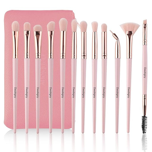 Daubigny Eye Makeup Brushes,12 PCS Professional Eye shadow, Concealer, Eyebrow, Foundation, Powder Liquid Cream Blending Brushes Set With Carrying Bag(Pink)