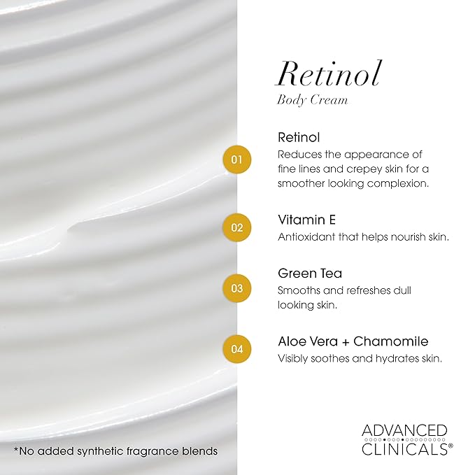 Advanced Clinicals Retinol Body Lotion & Face Moisturizer | Visible Anti Aging Skin Care Retinol Body Cream For Women & Men Targets Look Of Fine Lines, Wrinkles, & Crepe Looking Dry Skin, 16 Ounce