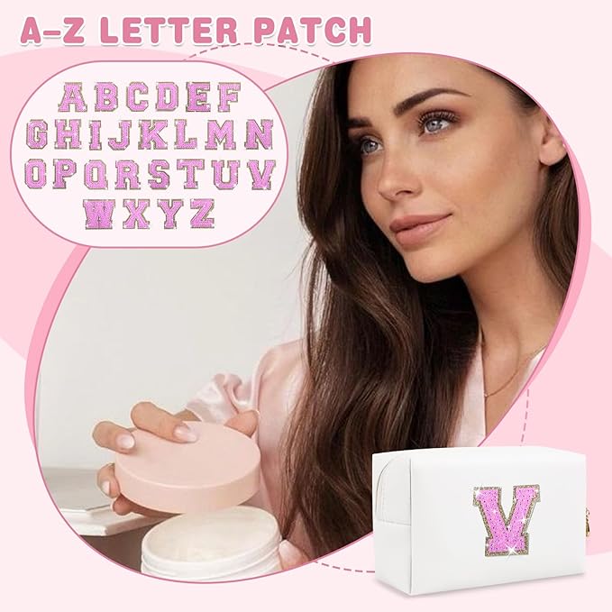 Small Initial Patch Makeup Bag Personalized Gifts Make Up Bag,White Cute PU Leather Glitter Letter Cosmetic Bag with Zipper,Trendy Portable Travel Toiletry Pouch,Preppy Stuff for Teen Girls Women V