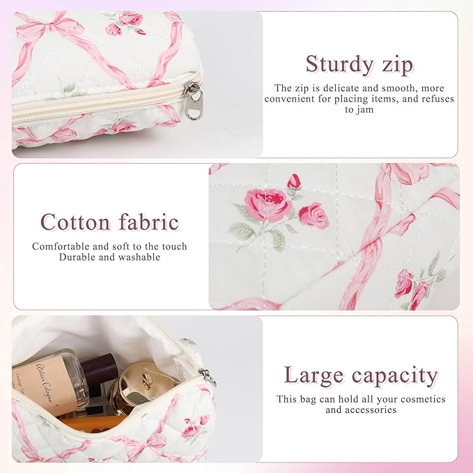 Anfly Makeup Bag, Quilted Cosmetic Bags, Large Floral Make Up Bag, Cute Makeup Bag 3PC Set for Women Girls (Pink Bow)