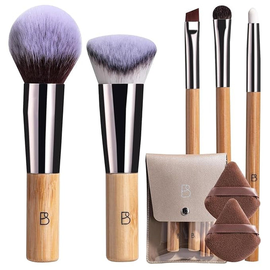 BS-MALL Travel Makeup Brushes Kabuki Premium Synthetic Foundation Powder Concealers Eye Shadows 7 PCS with Triangle Puff & Storage Bag (Bamboo)