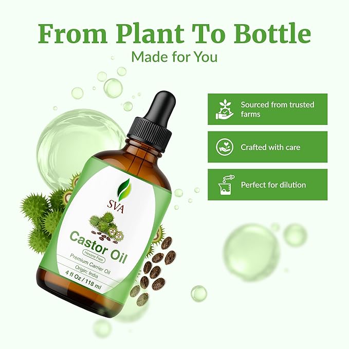 SVA Castor Seed Oil - 4 Fl Oz – 100% Natural Cold Pressed Castor Oil - for Face, Skin Care, Hair Care, Scalp Massage & Body Massage – Carrier Oil with Dropper