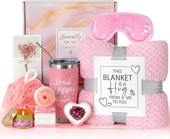 Happy Birthday Gifts for Women Her Friend , Self Care Gifts Get Well Gifts, Unique Relaxing Spa Gift Basket Set Care Package w/ Blanket , Christmas Gifts for Mom Wife Grandma Sister