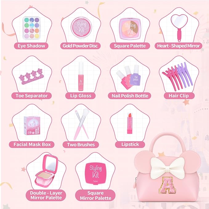 Pretend Makeup Kit for Girls Kids Toddlers - Initial Purse & Makeup Sets for Kids Make Up Toys Gifts for Girls Kid J