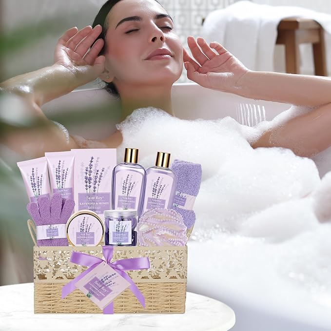 Gifts for Women Gift Basket for Women, 13 Pc LAVENDER & HONEY Large Beauty Personal Care Set, Home Bath Pampering Package for Mother day, Spa Bridal Shower Kit - Thank You, Birthday, Mom, Wedding Gift