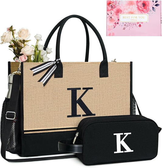 TOPDesign Personalized Initial Canvas Tote Bag, for Wedding, Birthday, Beach, Perfect Gifts for Women, Mom, Teachers, Friends