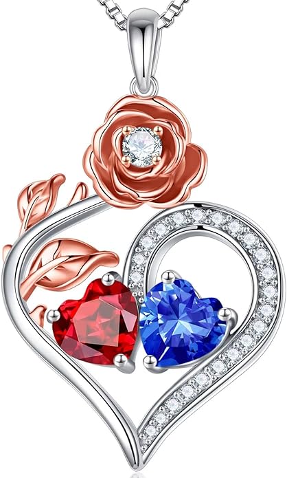 Iefil Rose Heart Birthstone Necklaces for Women - 925 Sterling Silver Double Birthstone Necklace, Anniversary Birthday Gifts for Women, Jewelry Gifts for Wife Her