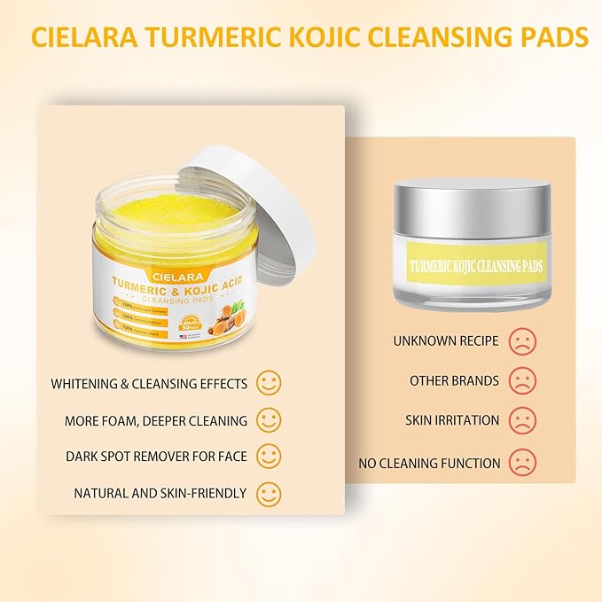 Turmeric Kojic Acid Cleansing Pads for Dark Spots, Lemon Turmeric Pads with Vitamin C & E, Deep Clean Pores, Hydrate & Plump Skin Exfoliating with Kojic Acid 50 Count