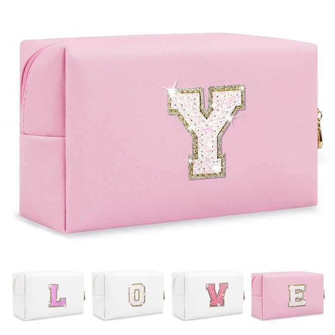 Small Personalized Initial A-Z Patch Makeup Bag,Pink Cute PU Leather Glitter Letter Cosmetic Bag for Teen Girls,Travel Toiletry Bag with Zipper,Preppy Monogrammed Birthday Gift for Daughter Niece Y