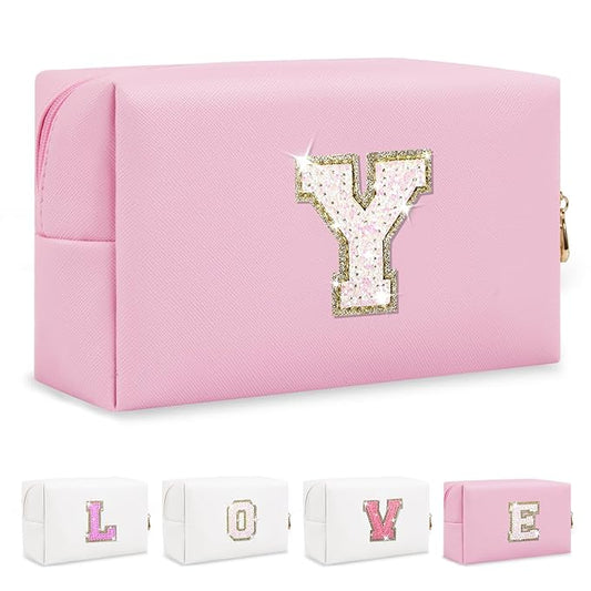 Small Personalized Initial A-Z Patch Makeup Bag,Pink Cute PU Leather Glitter Letter Cosmetic Bag for Teen Girls,Travel Toiletry Bag with Zipper,Preppy Monogrammed Birthday Gift for Daughter Niece Y