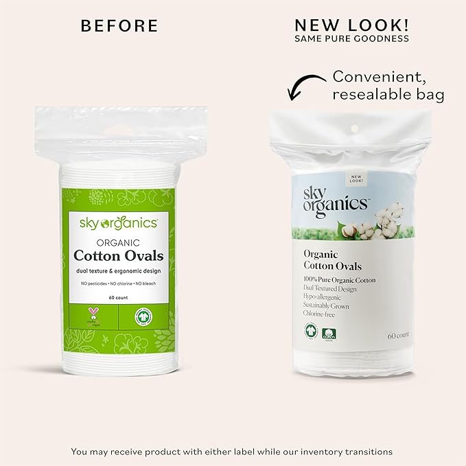 Sky Organics Organic Large Oval Cotton Pads, 100% Pure Organic Cotton, GOTS Certified Cotton, 240 Count, Dual Textured Design, for Makeup Removal, Cleansing, Toner Application