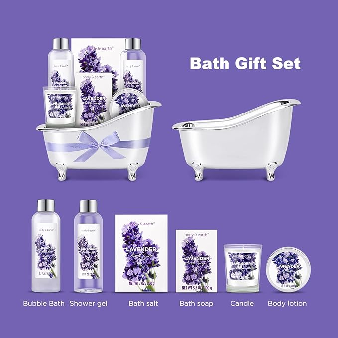 Gift Set for Women Body & Earth Gifts Set Lavender Gift Baskets For Women Bath Sets with Bubble Bath Body Lotion Scented Candle Christmas Gifts