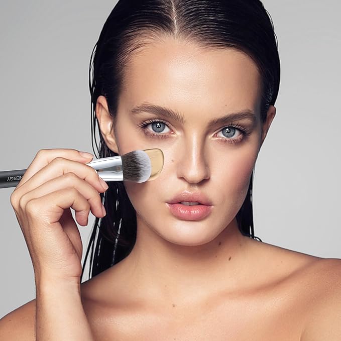 ENERGY Foundation Brush Expert Face Makeup Brush For Liquid Cream Powder Blending Buffing Buildable Coverage for Base Makeup Dense Vegan Synthetic Bristles Black