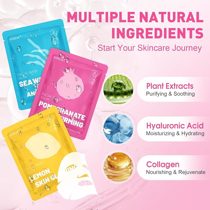 12 Pack Collagen Hydrating Face Masks Skincare, Sheet Face Mask for All Skin Types, Facial Masks Set for Women Skin Care, Face Mask Bulk Spa Gifts for Women
