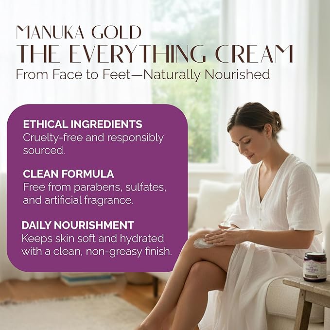 Manuka Gold The Everything Cream - Honey Manuka Cream in Glass Jar with Nourishing Oils for Dry skin - Hydrating Face Moisturizer with Aloe, Shea & Coconut - 8 Fl Oz