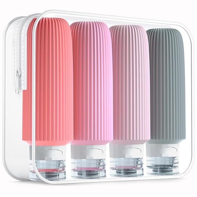 Travel Bottles for Toiletries, Large 6oz Travel Size Containers, BPA Free Leak Proof Tubs Refillable Liquid Accessories with Toiletry Bag for Cometic Shampoo and Lotion Soap (4 Pack)