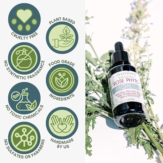 Peak Scents Organic Rose Phyto Facial Oil - Rosehip and Argan Oil Infused with Rose Extract and Frankincense Essential Oil - Ideal for Gua Sha Massage, Anti-Aging Face Oil (1oz)