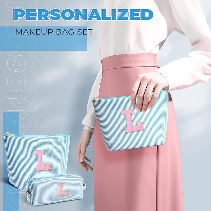 Monogrammed Gifts for Women - Cosmetic Bag for Teen,Initial Cute Makeup Bag Set for Women,Trendy Pouch for Niece Sister Friend Female Her,Birthday Gifts for Daughter - Blue,L
