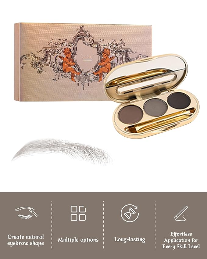 Waterproof Eyebrow Powder Kit - 3 Colors Long-Lasting Brow Powder Palette with Brush Razor & Stencil, Natural Tinting Powder for Women Sparse Brows | #02 Medium Brown, Grey, Black
