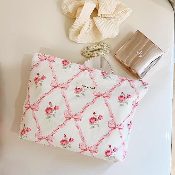 Wudygirl Makeup Bag Cosmetic Bag for Women Pink Pow Makeup Pouch Cute Makeup Organizer Portable Handbag Toiletry Bag Large Capacity Zipper Pouch (Pink Pow)