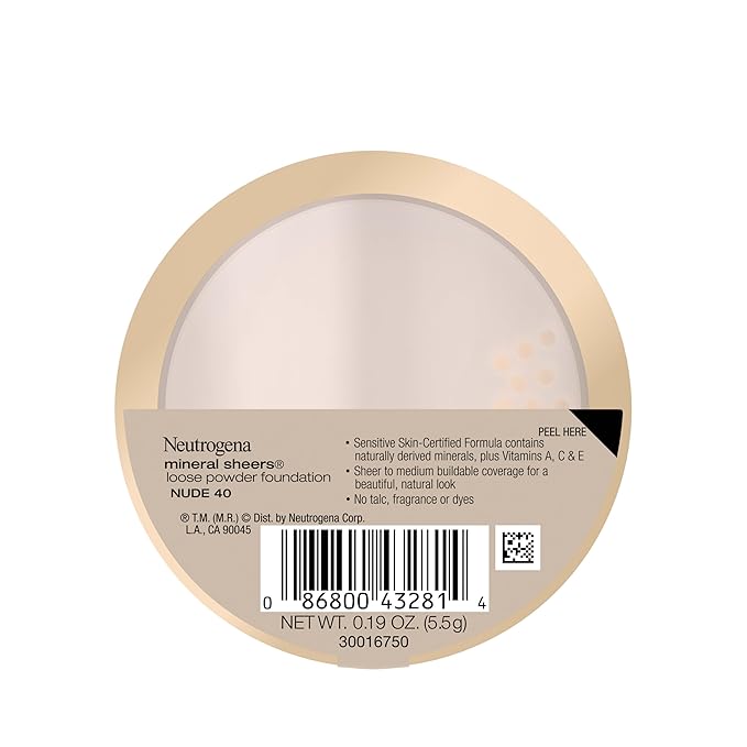 Neutrogena Mineral Sheers Lightweight Loose Powder Makeup Foundation with Vitamins A, C, & E, Sheer to Medium Buildable Coverage, Skin Tone Enhancer, Face Redness Reducer, Nude 40,.19 oz