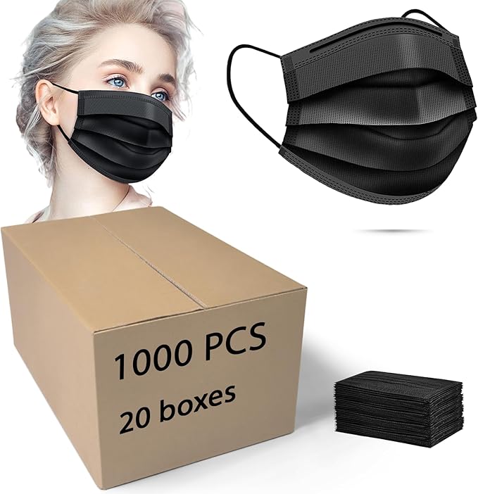1000pcs Bulk Black Disposable Face Mask for Adults (20 Package X 50pcs), 3-Ply Solid Breathable Earloop Full Face Protection