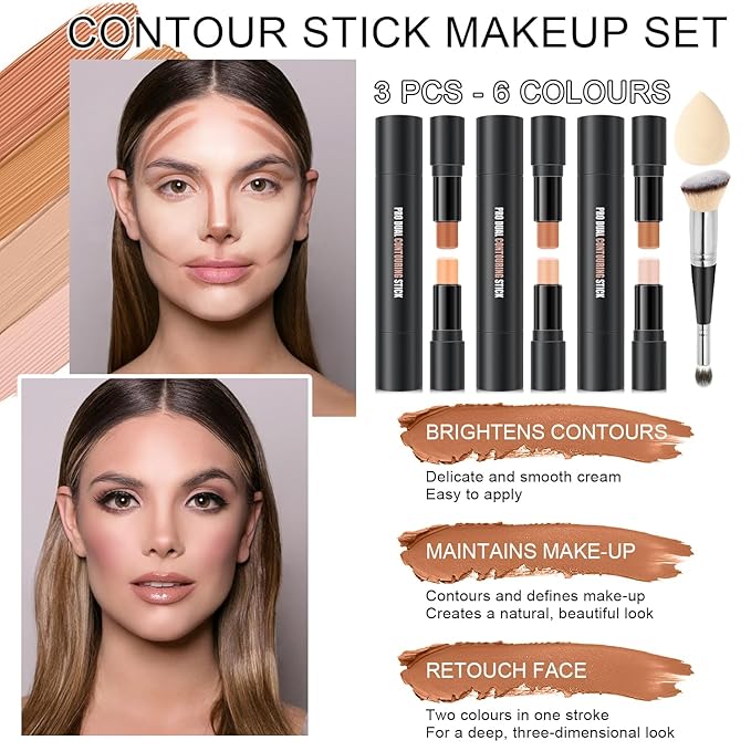 6 Colors Cream Contour Stick Makeup Kit, Shades with Highlighter, Blush and Double-End Bronzer Contour Stick for Sculpt the Cheeks, Long Lasting, Waterproof, Matte & Dewy Finish (SET B)