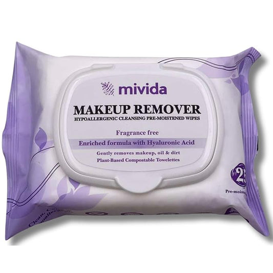 Mivida Hypoallergenic Makeup Remover Wipes with Hyaluronic Acid | Dermatologist-Tested, Biodegradable & Gentle on All Skin Types | Fragrance-Free & Alcohol-Free, 25 Count