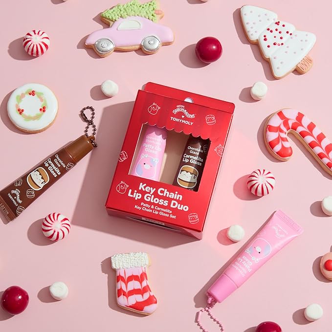 TONYMOLY x Squishmallows Lip Gloss Gift Set – 2pc Patty’s Strawberry Shortcake & Carmelita’s Chocolate Glaze Keychain Duo, Hydrating Gloss, Holiday Limited Edition