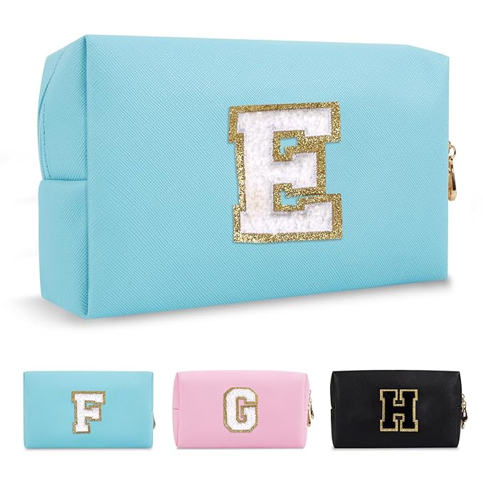 Small Personalized Initial A-Z Preppy Patch Makeup Bag,PU Chenille Letter Travel Cosmetic Pouch with Zipper,Blue Cute Toiletry Bag,Gift Ideal for Teen Girls Women Teacher Bridesmaid,Letter E