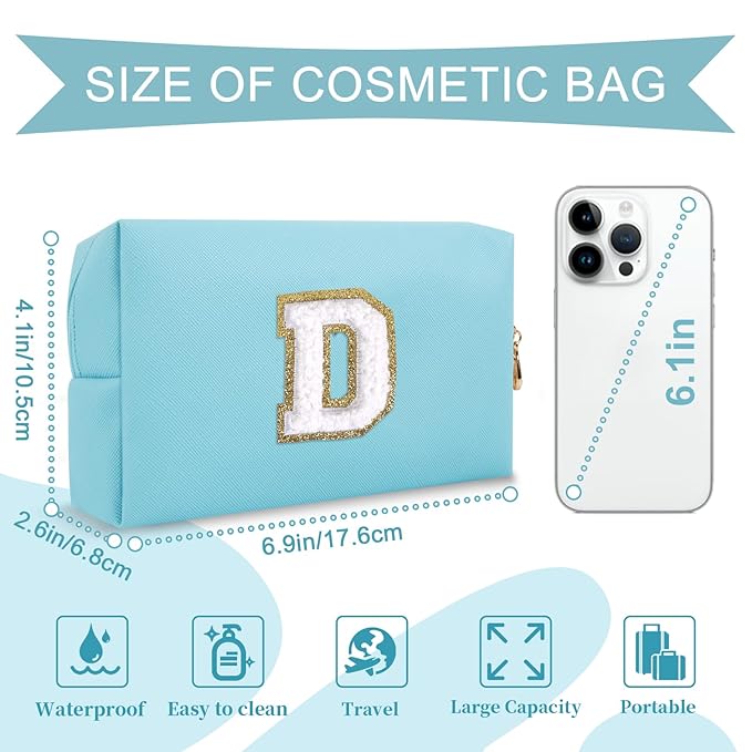 Small Personalized Initial A-Z Preppy Patch Makeup Bag,PU Chenille Letter Travel Cosmetic Pouch with Zipper,Blue Cute Toiletry Bag,Gift Ideal for Teen Girls Women Teacher Bridesmaid,Letter D