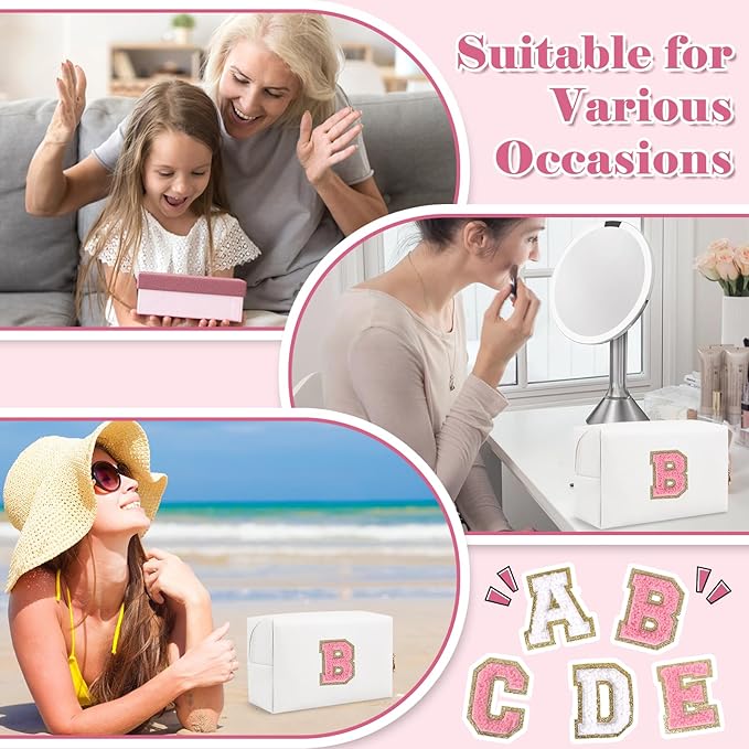 Personalized Makeup Bag Initial A-Z Preppy Patch Bag,Small PU Leather Travel Cosmetic Bag Pouch with Zipper,White Cute Toiletry Bag,Gift Ideal for Teen Girls Women Birthday Friend Mom,Letter B